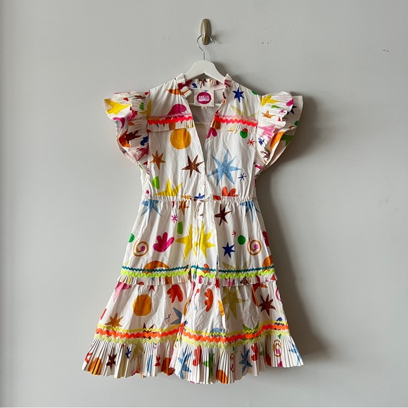 CeliaB Meridian Dress Colorful Print Ruffle Mini Dress V-Neck Statement Size XS - Picture 3 of 8